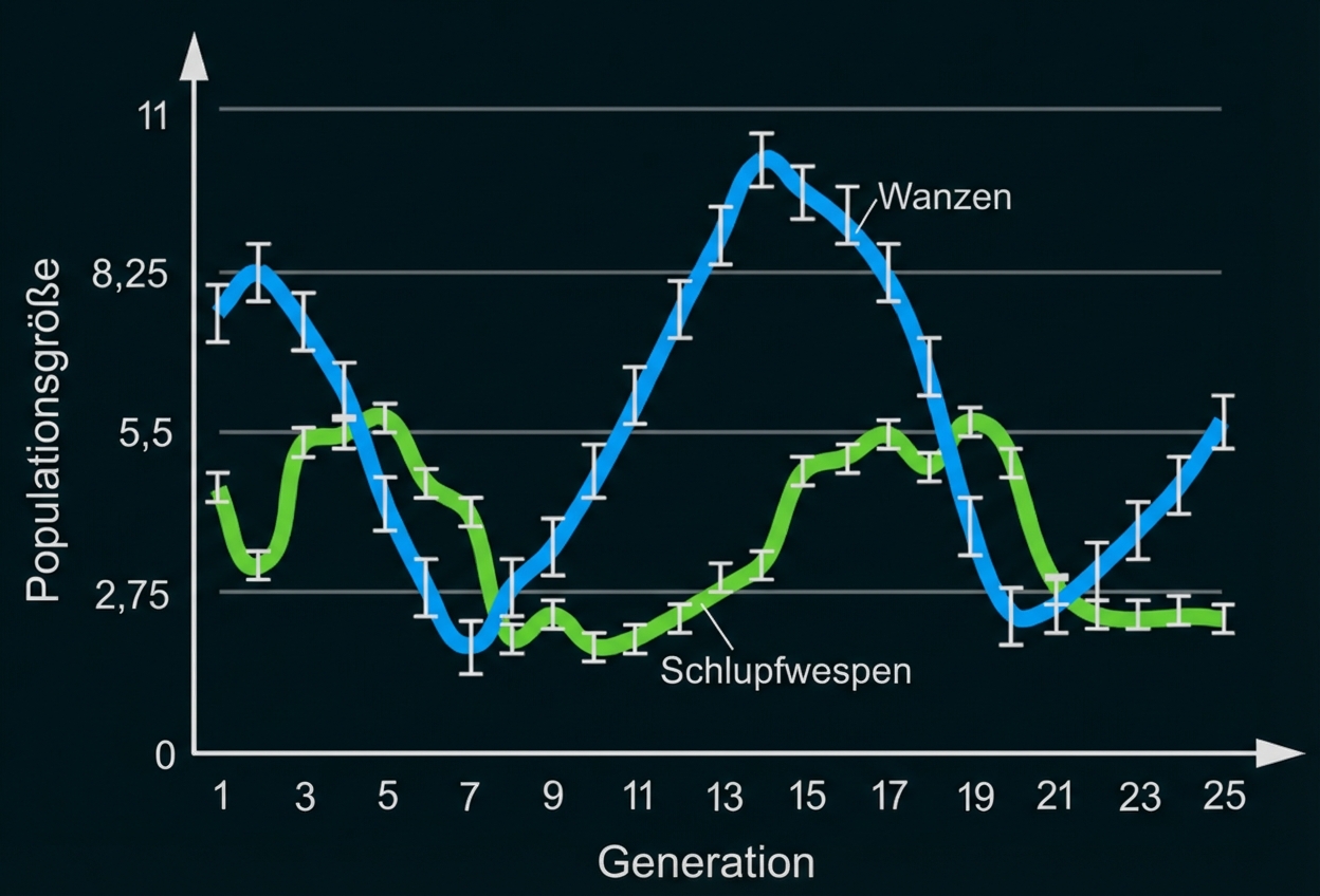 Liniendiagramm: Populationsgrößen von Wanzen (blau) und Schlupfwespen (grün) über 25 Generationen mit Fehlerbalken.